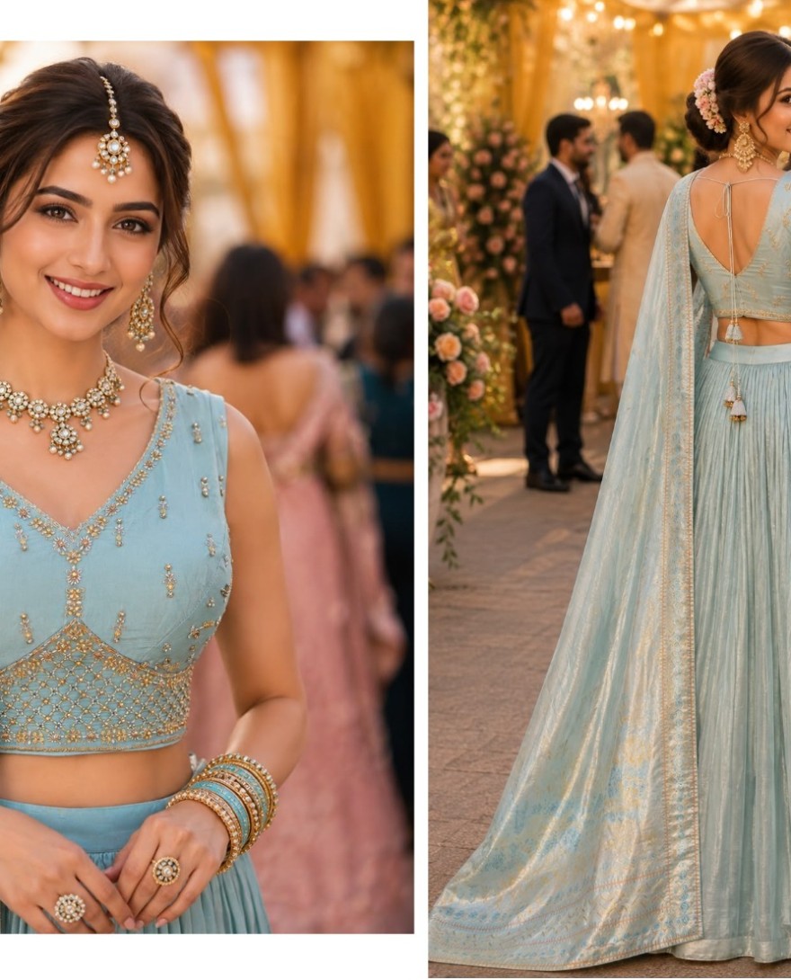 BLUE - Aqua Blue Tissue Readymade Lehenga Choli with Embroidered and Zari Work